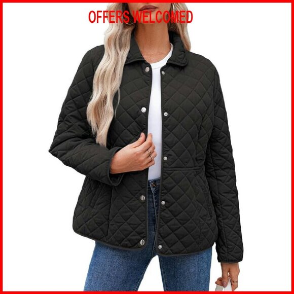 Women's Winter Quilted Puffer Jacket with Pockets Long Sleeve Button Down